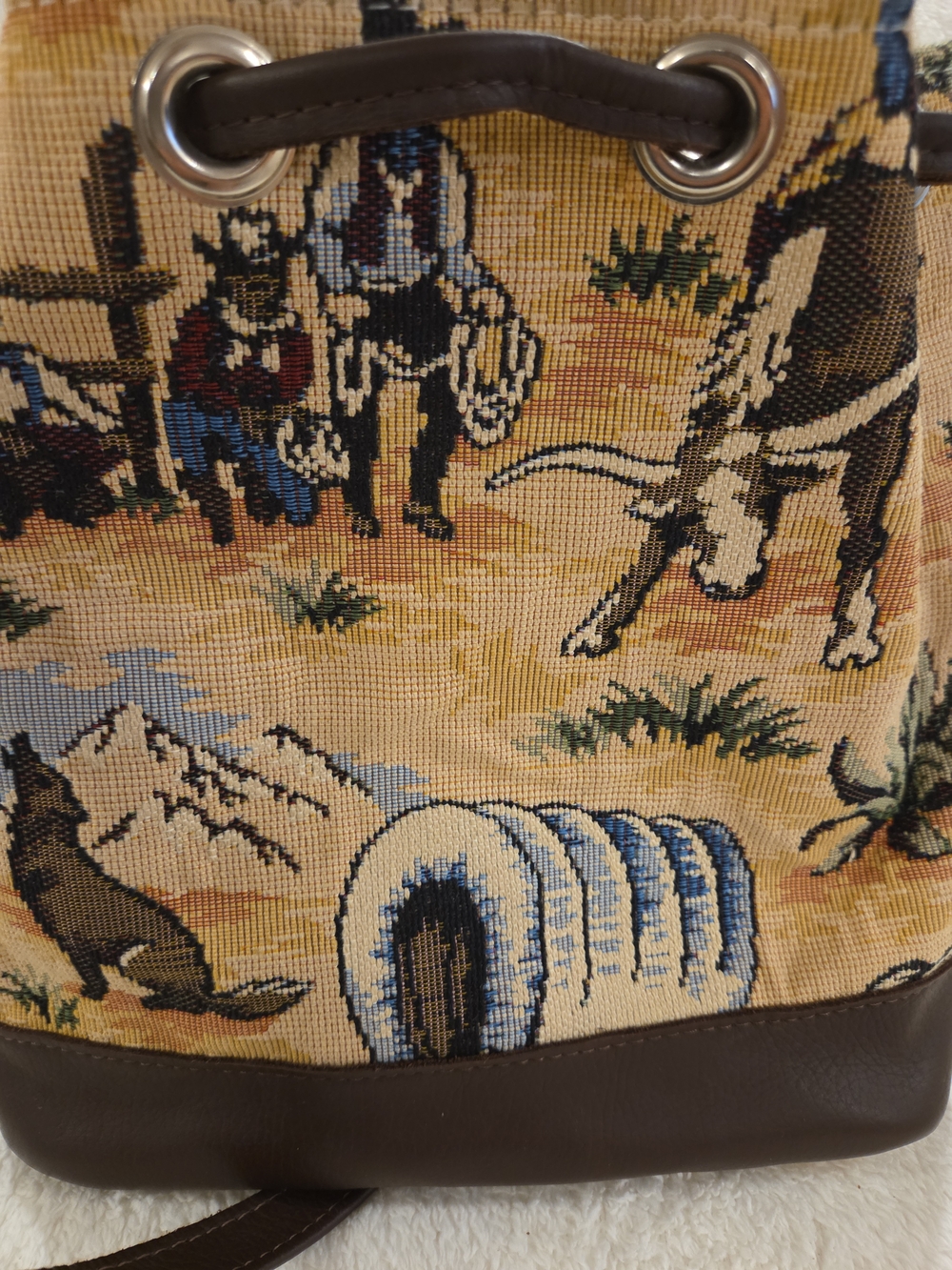 Vintage Southwestern Tapestry Bucket Bag | Western Leather Drawstring Purse - Picture 6 of 10